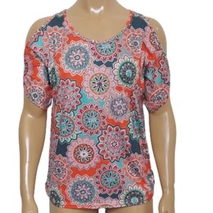 Geo Mandela Print Cold Shoulder Keyhole Back Top